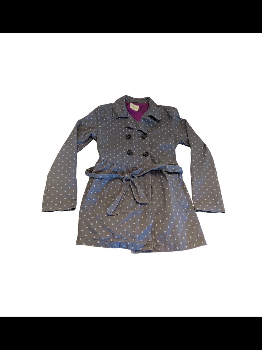 EUC Cherokee Girls XL Polka Dot Belted Trench Coat Gray White Lightweight Purple